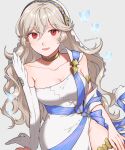  1girl alternate_costume azura_(fire_emblem) azura_(fire_emblem)_(cosplay) bangs breasts cleavage corrin_(fire_emblem) corrin_(fire_emblem)_(female) cosplay dress elbow_gloves fire_emblem fire_emblem_fates fire_emblem_heroes gloves hair_between_eyes hairband highres large_breasts long_hair official_alternate_costume open_mouth peach11_01 pointy_ears red_eyes smile solo twitter_username veil white_dress white_hair 