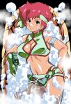  1girl bandana blush breasts brown_eyes bubble cleavage dirty_pair gun highres holding holding_gun holding_weapon kei_(dirty_pair) looking_at_viewer navel ohtado red_hair short_hair smile water weapon 
