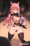  1girl animal_ears ass_visible_through_thighs bangs bar_censor black_thighhighs bottomless breasts censored clenched_teeth fishnets heterochromia highres holding holding_weapon long_hair looking_at_viewer lost_ark monster nipples pink_hair purple_eyes red_eyes rikume small_breasts teeth thighhighs weapon 