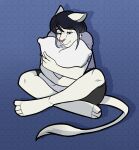  abstract_background anthro black_bottomwear black_clothing black_shorts blizzie_(blizziethelion) blue_background blue_eyes blue_hair blue_tshirt bottomwear clothed clothing crossed_legs depression digital_media_(artwork) ears_down felid fur hair hi_res holding_object holding_pillow hugging_pillow lion lonely looking_down lotus_pose male mammal pantherine pillow pink_nose pivoted_ears sad scarlet-frost shorts simple_background sitting sleepwear solo white_body white_fur white_pillow 