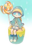  1boy candy capelet drawstring food gradient gradient_background hoge_(n8sss) hood hood_up identity_v lollipop long_sleeves male_focus official_alternate_costume rain robbie_(identity_v) robbie_(wail)_(identity_v) shirt shorts simple_background solo striped striped_shirt 