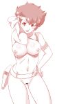  1girl bandana bar_censor belt bottomless breasts breasts_out censored cleavage dirty_pair earrings gloves hand_on_hip highres jewelry kei_(dirty_pair) looking_at_viewer navel nipples no_panties ohtado open_mouth pussy short_hair simple_background single_glove white_background 
