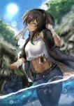  1girl arknights bandaid bandaid_on_face black_pantyhose blue_eyes boxing_gloves brown_hair crop_top dark-skinned_female dark_skin denim denim_shorts flint_(arknights) highres hooded_coat midriff navel pantyhose sanshouo_(sansuouo) shorts tattoo wading water 