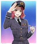  1girl alternate_costume artist_name bangs black_necktie collared_shirt commission cup darkpulsegg english_commentary girls_und_panzer grey_jacket hat head_tilt highres holding holding_cup jacket long_sleeves medium_hair military military_hat military_uniform necktie open_mouth peaked_cap pink_hair revision rosehip_(girls_und_panzer) royal_air_force salute shirt signature smile solo standing swept_bangs tea teacup uniform upper_body wavy_hair white_shirt widow&#039;s_peak yellow_eyes 