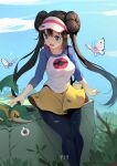  1girl absurdres black_pantyhose blue_eyes bow breasts brown_hair butterfree double_bun doughnut_hair_bun fang hair_bun highres legs long_hair mamayu open_mouth pantyhose pantyhose_under_shorts pink_bow poke_ball poke_ball_print pokemon pokemon_(game) pokemon_bw2 raglan_sleeves rosa_(pokemon) short_shorts shorts sitting snivy solo thighs twintails very_long_hair visor_cap yellow_shorts 