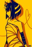 1girl animal_crossing animal_ears ankha_(animal_crossing) armlet armpit_crease aya_(8819062) backlighting bangs bare_shoulders belt breasts cat_ears cat_girl cat_tail commentary dark-skinned_female dark_skin dress egyptian egyptian_clothes eye_of_horus eyelashes eyes_visible_through_hair facial_tattoo from_side gradient gradient_background humanization large_breasts looking_away parted_lips purple_eyes purple_hair ribs see-through_silhouette shiny shiny_skin short_hair sideboob simple_background slit_pupils solo tail tattoo usekh_collar white_dress yellow_background 
