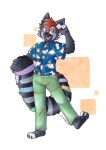  ailurid aloha_shirt anthro blue_eyes clothing costume dark_body dark_fur fur hair hi_res holding_tail male mammal multicolored_tail pattern_clothing pattern_shirt pattern_topwear pinup pose rainbow_tail red_hair red_panda shirt smile solo standing teeth topwear traditional_media_(artwork) white_toes zwiebelprinz 