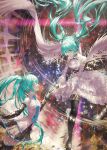  2girls absurdres aqua_eyes aqua_hair atatatatame01 bare_shoulders detached_sleeves dress hair_ornament hatsune_miku highres holding holding_microphone long_hair looking_at_another microphone multiple_girls necktie thighhighs twintails very_long_hair vocaloid zettai_ryouiki 