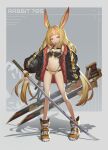  1girl animal_ears bangs banned_artist bare_legs black_jacket blonde_hair blunt_bangs breasts crop_top extra_ears highres holding holding_sword holding_weapon jacket katana long_hair long_sleeves looking_at_viewer multicolored_hair navel open_clothes open_jacket orange_hair original panties parted_lips puffy_long_sleeves puffy_sleeves rabbit_ears red_eyes shoes simple_background small_breasts solo stomach streaked_hair sword twintails underwear very_long_hair weapon yellow_panties yiku_(sim7368) 