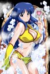  1girl blue_eyes blue_hair breasts bubble card cleavage dirty_pair gloves highres holding holding_card looking_at_viewer navel ohtado short_hair single_glove water yellow_gloves yuri_(dirty_pair) 