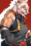  2022 absurd_res anthro arknights canid canine canis clothing domestic_dog gloves hair handwear hi_res holding_out_hand hung_(arknights) hypergryph looking_at_viewer male mammal manadezimon muscular muscular_anthro muscular_male open_mouth red_background red_hair simple_background solo studio_montagne topwear video_games white_background white_hair 