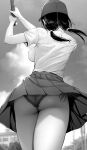 1girl absurdres ass baseball_bat baseball_cap breasts commentary_request gentsuki greyscale hat highres large_breasts medium_hair monochrome original outdoors panties pleated_skirt shirt shirt_tucked_in short_sleeves skirt solo thighs underwear 