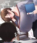  1boy 1girl bent_over blush breast_press breasts brown_hair collarbone gigantic_breasts hanging_breasts id_card keyboard_(computer) lanyard leaning_forward long_hair long_sleeves mouse_(computer) office office_lady original ricochet-gou solo_focus 