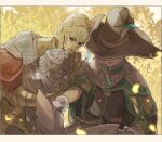  2boys armor cape d_hunter_of_the_dead elden_ring gloves hat helmet holding kero_1110 male_focus multiple_boys reading sorcerer_rogier sweatdrop witch_hat 