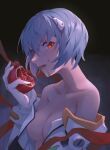  1girl absurdres ayanami_rei bare_shoulders blue_hair breasts cleavage food fruit gloves highres joeychen juice light_blue_hair looking_at_viewer neon_genesis_evangelion partially_undressed plugsuit pomegranate red_eyes white_gloves 