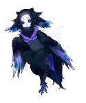  1girl bachikin_(kingyo155) bird_legs bird_tail black_feathers black_wings colored_skin digitigrade feathers galaxy gradient gradient_wings harpy head_wings highres monster_girl multicolored_wings neck_ruff open_mouth original purple_feathers short_hair solo star_(symbol) star_in_eye symbol_in_eye tail tail_feathers talons thick_eyebrows white_background white_skin winged_arms wings 