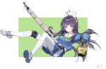  1girl ahoge animal_ears astropigy bag_of_chips bangs belt black_hair blue_archive blue_shirt blue_skirt blush breasts bright_pupils closed_mouth fake_animal_ears green_neckerchief gun hairband halo highres holding holding_gun holding_weapon knee_pads leaf leaf_on_head long_hair long_sleeves looking_at_viewer messy_hair miyu_(blue_archive) neckerchief pantyhose pouch raised_eyebrows red_eyes sailor_collar shirt shoes single_knee_pad skirt small_breasts smile snap-fit_buckle sneakers solo thighband_pantyhose weapon white_footwear white_pantyhose white_pupils 
