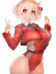  1girl blonde_hair blue_ribbon breasts eyelashes fumio_(rsqkr) highres large_breasts lycoris_recoil nishikigi_chisato open_mouth red_eyes red_ribbon ribbon short_hair solo thick_thighs thighs v 