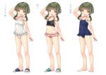  absurdres adapted_costume barefoot bikini blue_one-piece_swimsuit bob_cut braid breasts brown_eyes brown_headwear butt_crack commentary_request competition_school_swimsuit covered_navel floral_print frilled_bikini frilled_swimsuit frills full_body green_hair hat highres kantai_collection mismatched_bikini multiple_views nontraditional_school_swimsuit official_alternate_costume sandals school_swimsuit short_hair sidelocks small_breasts sun_hat swimsuit swimsuit_skirt takanami_(kancolle) takanami_kai_ni_(kancolle) white_one-piece_swimsuit yashin_(yasinz) 