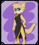  anthro big_ears blue_eyes canid canine clothing dress female fennec fox fur hand_on_him hi_res looking_down mammal matthews(razumi) pinup pose roxyroo showing_leg solo tan_body tan_fur 