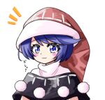  1girl :3 bangs black_dress blue_eyes blue_hair blush doremy_sweet dress hat lowres multicolored_clothes multicolored_dress nightcap pom_pom_(clothes) red_headwear short_hair simple_background solo touhou white_background white_dress zenji029 