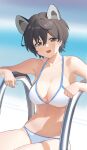  1girl absurdres animal_ears bangs bare_shoulders bikini black_eyes black_hair blue_archive blurry blurry_background breasts cleavage collarbone halterneck highres large_breasts looking_at_viewer luo_(luo33052478) navel open_mouth pool_ladder short_hair sitting smile solo swimsuit tsubaki_(blue_archive) white_bikini 
