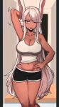  1girl absurdres animal_ears arm_behind_head armpits bare_arms bare_legs black_shorts boku_no_hero_academia breasts cleavage collarbone commentary cowboy_shot dark-skinned_female dark_skin doorway hair_over_one_eye hand_on_hip highres large_breasts long_eyelashes long_hair looking_at_viewer lounge masgamjya midriff mirko navel one_eye_closed parted_lips rabbit_ears rabbit_girl red_eyes short_shorts shorts solo tank_top teeth thighs toned upper_teeth very_long_hair white_hair white_tank_top 