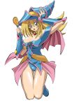  1girl bare_shoulders blonde_hair blue_dress blush_stickers boots breasts capelet cleavage collar dark_magician_girl dress duel_monster full_body green_eyes hand_up hat highres holding large_breasts leotard leotard_under_clothes long_hair open_mouth pink_capelet shiny shiny_skin short_dress simple_background solo straw_(yokubou_hiroba) vambraces wand white_background wizard_hat yu-gi-oh! yu-gi-oh!_duel_monsters 