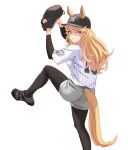  1girl absurdres alternate_costume animal_ears baseball baseball_cap baseball_mitt baseball_uniform black_footwear black_headwear blonde_hair blue_eyes commentary_request ears_through_headwear gold_city_(umamusume) hat highres horse_ears horse_girl horse_tail long_hair partial_commentary pitcher pitching shirt simple_background solo sportswear standing standing_on_one_leg tail tori_no_teriyaki tsurime umamusume white_background white_shirt 