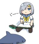  1girl black_pantyhose blue_eyes commentary_request crayon grey_hair grey_sailor_collar grey_skirt hair_ornament hair_over_one_eye hairclip hama!_(3toshinhmkz) hamakaze_(kancolle) holding holding_crayon kantai_collection neckerchief no_nose pantyhose pleated_skirt sailor_collar school_uniform serafuku short_hair simple_background sketchbook skirt solo stuffed_animal stuffed_shark stuffed_toy white_background yellow_neckerchief 