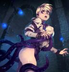  1girl ass black_panties blonde_hair blue_eyes breasts clothes_lift covered_nipples demento dungeon fiona_belli highres imminent_rape open_mouth optionaltypo panties skirt skirt_lift solo surprised tentacles tentacles_under_clothes thighs underwear wet 