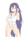  1girl afunai breasts camisole contrapposto cowboy_shot goshiki_agiri kill_me_baby long_hair panties purple_eyes purple_hair raised_eyebrows small_breasts smile solo underwear underwear_only very_long_hair white_panties 