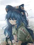  1girl bangs bird black_cat blue_bow blue_eyes blue_hair blurry blurry_background bow cat depth_of_field hair_between_eyes hair_bow highres hood hood_down light_particles long_hair looking_at_viewer messy_hair ocean outdoors parted_lips ponytail shirt short_sleeves solo touhou twitter_username unamused wwparasi yorigami_shion 