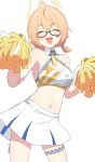  1girl alternate_costume blonde_hair blue_archive blush breasts character_request cheerleader cleavage closed_eyes collarbone glasses halo highres medium_breasts navel open_mouth pom_pom_(cheerleading) reia_76 short_hair solo twitter_username white_background 