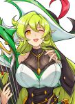  1girl absurdres bangs bare_shoulders blush bodice breasts commentary_request detached_sleeves elf elsword green_eyes green_hair hair_between_eyes harp hat hat_feather highres holding holding_instrument huge_breasts instrument jo_an korean_commentary long_hair looking_at_viewer one_eye_closed open_mouth pointy_ears prophetess_(elsword) rena_erindel simple_background solo sweatdrop teeth upper_body upper_teeth very_long_hair white_background 