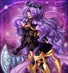  1girl armor axe black_armor breasts camilla_(fire_emblem) cleavage fake_horns fire_emblem fire_emblem_fates hair_over_one_eye hand_on_weapon highres horns large_breasts lipstick long_hair lythweird lythyweird makeup purple_hair purple_lips smile solo tiara very_long_hair watermark 