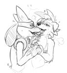  &lt;3 anthro anthro_on_anthro bodily_fluids duo eye_contact french_kissing generation_4_pokemon generation_7_pokemon hand_holding kissing looking_at_another looking_pleasured lucario lycanroc male male/male midnight_lycanroc monochrome nintendo open_mouth pokemon pokemon_(species) saliva saliva_string simple_background standing tongue tongue_out trmk2 video_games white_background 