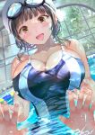  1girl :d absurdres blush breasts brown_eyes cleavage commentary_request competition_swimsuit embarrassed fingernails goggles goggles_on_head highres large_breasts ogata_tei one-piece_swimsuit open_mouth original partially_submerged pool pov smile swimsuit upper_body water 