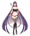  1girl absurdly_long_hair bangs bare_shoulders between_breasts blunt_bangs breasts bustier cleavage cluseller demon_tail dress full_body horns indie_virtual_youtuber large_breasts long_hair necktie necktie_between_breasts oni oni_horns onigiri_(vtuber) purple_hair shiny shiny_clothes short_dress simple_background smile tail thigh_gap very_long_hair virtual_youtuber white_background yellow_eyes 