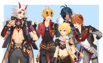  5boys abs aether_(genshin_impact) ahoge arataki_itto bangs black_gloves black_pants black_shirt blonde_hair blue_eyes blue_hair braid cape crop_top dark-skinned_male dark_skin earrings eyepatch fake_horns fangs fingerless_gloves fur-trimmed_cape fur_trim genshin_impact gloves green_eyes grey_jacket grey_pants hair_between_eyes highres horned_headwear horns jacket japanese_clothes jewelry kaeya_(genshin_impact) long_hair long_sleeves male_focus mask mask_on_head multicolored_hair multiple_boys muscular muscular_male navel necklace oni oni_horns open_mouth orange_cape orange_hair pale_skin pants pinchi pointing ponytail red_eyes red_mask scarf shirt short_hair single_braid single_earring smile spikes tartaglia_(genshin_impact) tattoo thoma_(genshin_impact) toned toned_male vision_(genshin_impact) white_cape white_hair yellow_eyes 