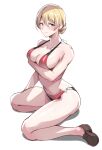  1girl arm_at_side arm_under_breasts arm_up ayakumo bangs bikini black_bikini blonde_hair blue_eyes blush braid breast_lift breasts brown_footwear closed_mouth collarbone darjeeling_(girls_und_panzer) full_body girls_und_panzer hair_between_eyes legs looking_at_viewer medium_breasts multicolored_bikini multicolored_clothes navel outline pink_lips red_bikini shiny shiny_clothes shiny_hair short_hair sidelighting simple_background sitting solo stomach swimsuit thighs wariza white_background 