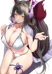  1girl absurdres animal_ears bangs bikini black_hair blue_archive blush breasts cleavage commentary flower fox_ears fox_girl fox_tail hair_flower hair_ornament halo hand_up highres large_breasts long_hair looking_at_viewer namazu_(yamasonson) navel parted_lips smile solo strap_pull swimsuit tail thigh_strap thighs wakamo_(blue_archive) wakamo_(swimsuit)_(blue_archive) white_background white_bikini yellow_eyes 