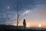  1girl absurdres bare_tree blue_sky cloud crescent_moon evening fireworks gradient_sky grass highres holding holding_fireworks moon orange_sky original outdoors scenery shooting_star short_hair sky solo sparkle sparkler standing star_(sky) starry_sky sunset tree yu_jing 