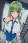  1girl :o bangs bare_shoulders blue_eyes blush breasts cleavage commentary_request frog_hair_ornament green_hair hair_ornament hand_up highres kochiya_sanae large_breasts liya long_hair long_sleeves looking_at_viewer parted_lips rain see-through solo touhou wet wet_clothes 