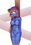  1girl ahoge bangs bdsm blush bondage bound bow breasts chinese_commentary commentary_request covered_navel cowboy_shot green_bow green_eyes hair_bow highres large_breasts long_hair looking_at_viewer lzc mummification_(bound) original purple_hair solo standing very_long_hair 