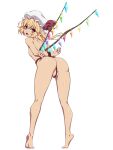  1girl arms_behind_back ass barefoot bdsm blonde_hair bondage bound bound_arms box_tie completely_nude crotch_rope crystal flandre_scarlet flat_chest from_behind full_body hat highres leaning_forward long_hair looking_at_viewer looking_back low_wings mob_cap nude ootsuki_wataru open_mouth partially_visible_vulva pointy_ears red_eyes restrained rope side_ponytail simple_background solo standing tiptoes touhou white_background white_headwear wings 