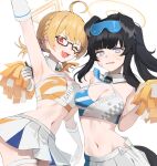  2girls ahoge animal_ears arm_around_back armpits bare_shoulders beruko14 black_hair blue_archive breasts bright_pupils cheerleader cleavage cowboy_shot crop_top detached_collar dog_ears dog_tail english_text glasses gloves goggles goggles_on_head halterneck hibiki_(blue_archive) hibiki_(cheerleader)_(blue_archive) highres kotori_(blue_archive) long_hair looking_at_viewer medium_breasts midriff multiple_girls navel necktie one_eye_closed open_mouth pleated_skirt pom_pom_(cheerleading) purple_eyes red_eyes sidelocks simple_background skirt smile tail white_background 