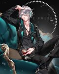  1boy ahoge alcohol alhaitham_(genshin_impact) aqua_eyes aqua_hair artist_name black_background black_pants black_shirt closed_mouth colored_inner_hair couch cup drinking_glass genshin_impact glass grey_hair holding holding_cup looking_at_viewer male_focus multicolored_hair pants ringeko-chan shirt short_hair sitting solo wine wine_glass 