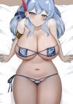  1girl ako_(blue_archive) bikini blue_archive blue_bikini blue_eyes blue_hair blush breasts cleavage closed_mouth collarbone eyepatch_bikini hairband highres large_breasts long_hair looking_at_viewer navel on_bed revealing_clothes side-tie_bikini_bottom solo steamy swimsuit tomi27 