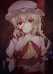  1girl absurdres ascot blonde_hair blood blood_from_mouth blood_on_clothes blood_on_face blood_on_hands bow closed_mouth collared_shirt flandre_scarlet frilled_shirt_collar frilled_sleeves frills glowing glowing_eye hair_between_eyes hat hat_bow head_tilt highres index_finger_raised long_hair looking_at_viewer mob_cap puffy_short_sleeves puffy_sleeves red_eyes red_ribbon red_vest ribbon rina_sukareltuto shirt short_sleeves side_ponytail solo touhou vest white_headwear white_shirt wrist_cuffs yandere yellow_ascot 